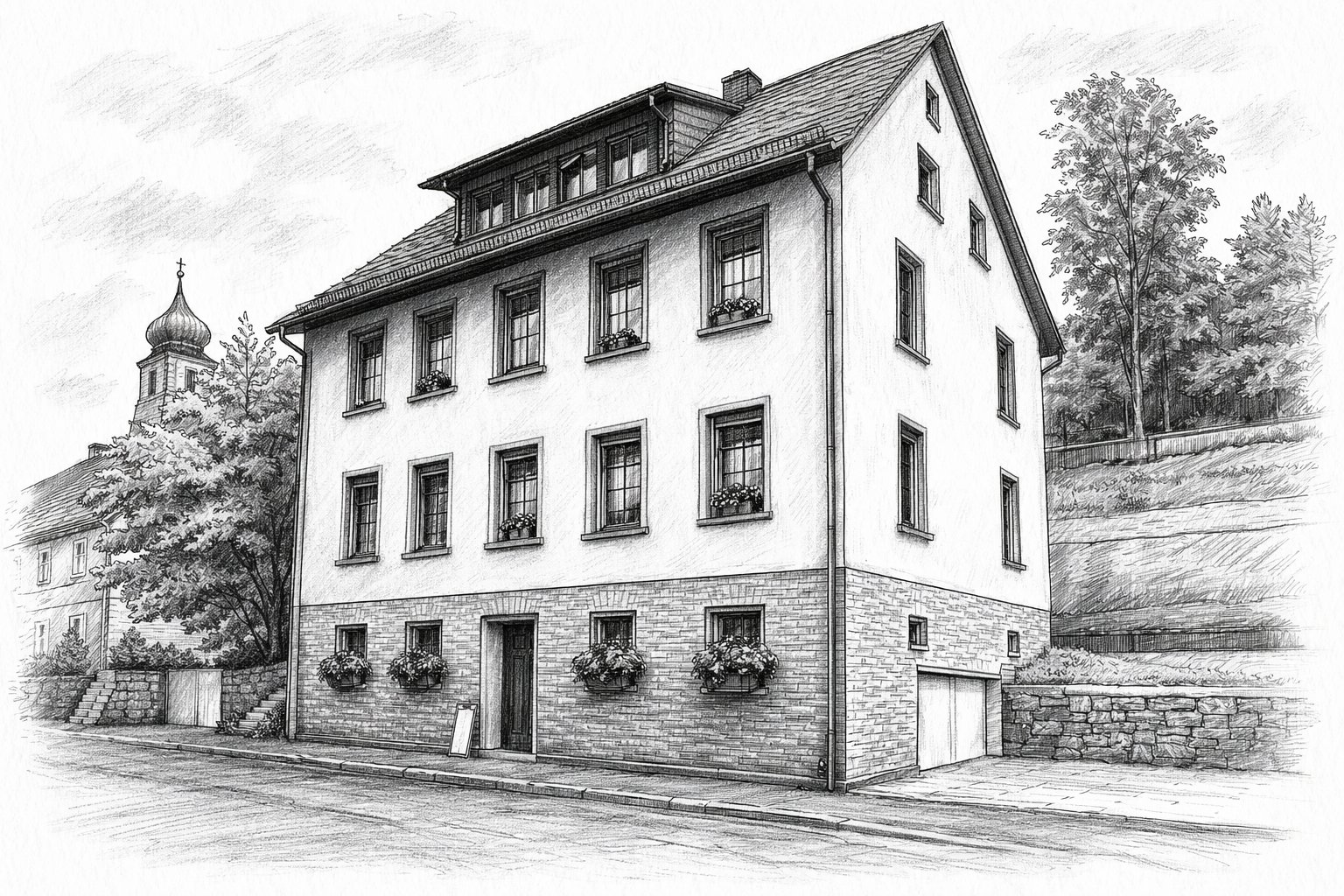 Zeichnung des Praxisgebäudes an der Hauptstraße 165